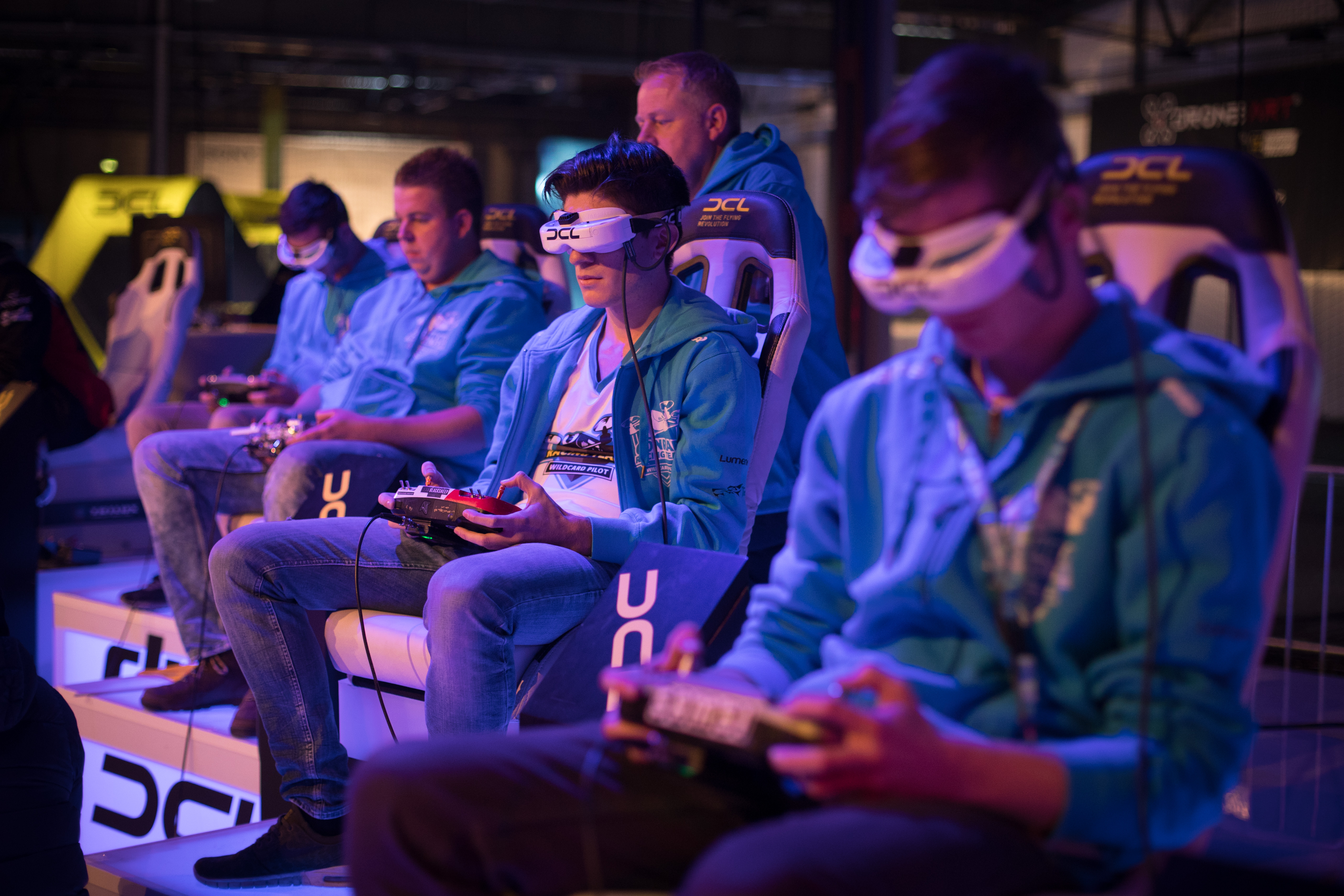 Pilots steer their drones with a RC controllers at Station Berlin during the DCL - Drone Champions League Championship Finals in Berlin on December 02, 2017. (Getty Images)