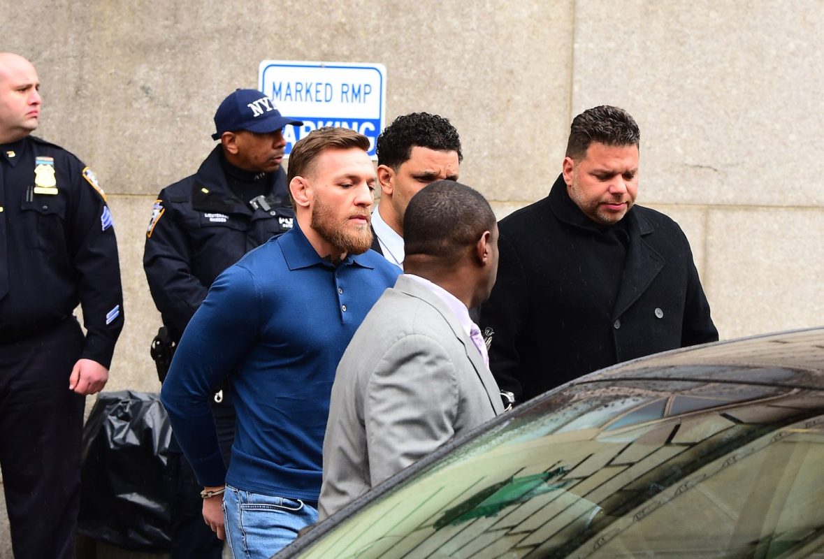 A handcuffed Conor McGregor is seen leaving the 78th Precinct in Brooklyn  on April 6, 2018 in New York City, following his arrest for attacking a bus at UFC 223.  (Raymond Hall/GC Images)