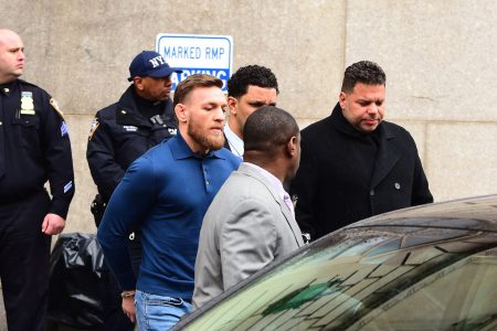 A handcuffed Conor McGregor is seen leaving the 78th Precinct in Brooklyn  on April 6, 2018 in New York City, following his arrest for attacking a bus at UFC 223.  (Raymond Hall/GC Images)