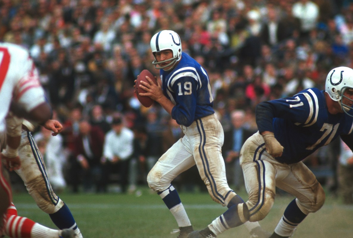 Quarterback Johnny Unitas #19 of the Baltimore Colts drops back to pass against the San Francisco 49ers during an NFL football game circa 1967 at Memorial Stadium in Baltimore, Maryland. Unitas played for the Colts from 1956-72. (Photo by Focus on Sport/Getty Images)