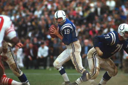 Quarterback Johnny Unitas #19 of the Baltimore Colts drops back to pass against the San Francisco 49ers during an NFL football game circa 1967 at Memorial Stadium in Baltimore, Maryland. Unitas played for the Colts from 1956-72. (Photo by Focus on Sport/Getty Images)