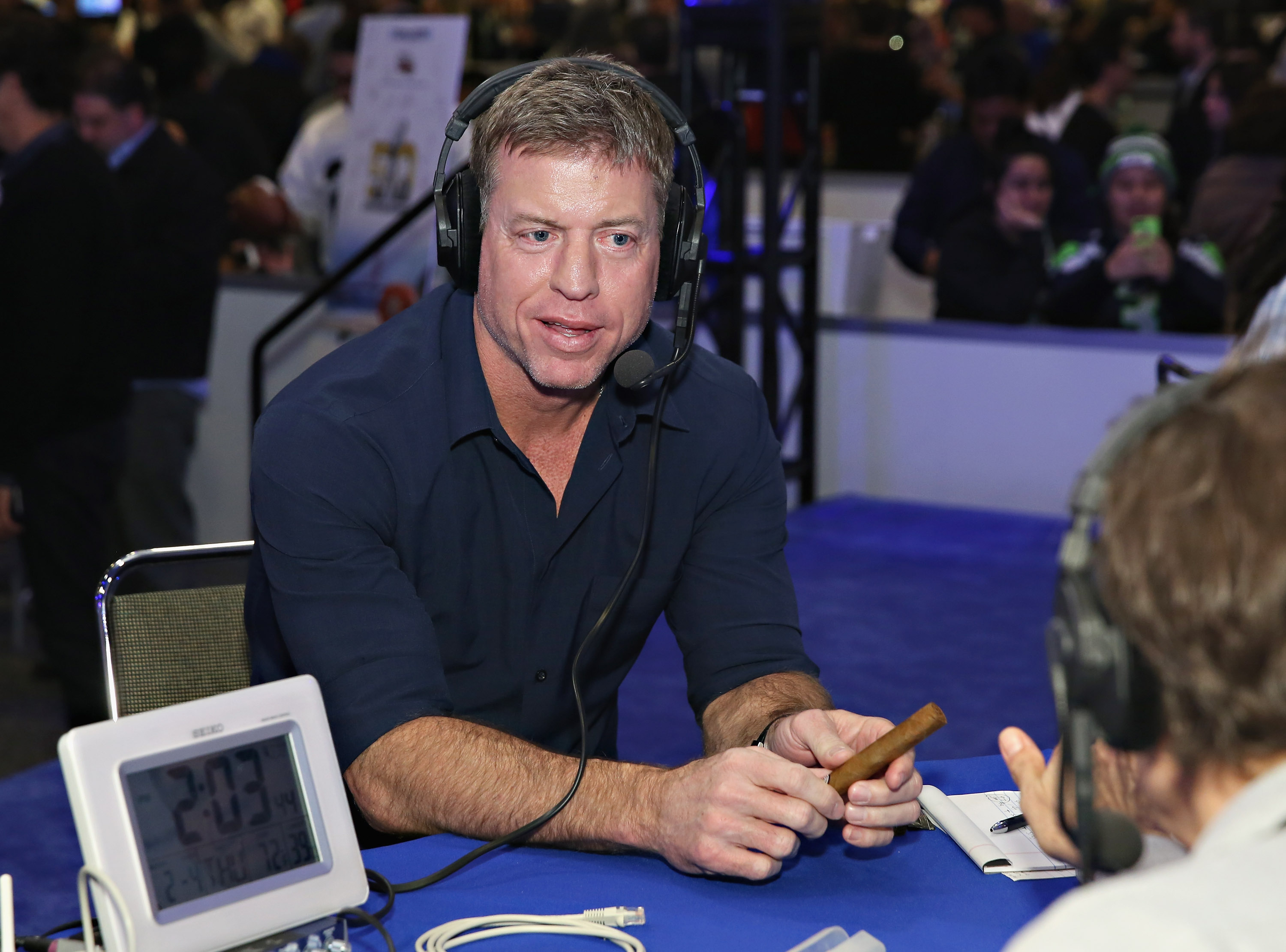 Former NFL player and sportscaster Troy Aikman visits the SiriusXM set at Super Bowl 50 Radio Row at the Moscone Center on February 4, 2016 in San Francisco, California.  (Photo by Cindy Ord/Getty Images for SiriusXM)