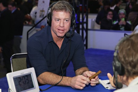 Former NFL player and sportscaster Troy Aikman visits the SiriusXM set at Super Bowl 50 Radio Row at the Moscone Center on February 4, 2016 in San Francisco, California.  (Photo by Cindy Ord/Getty Images for SiriusXM)