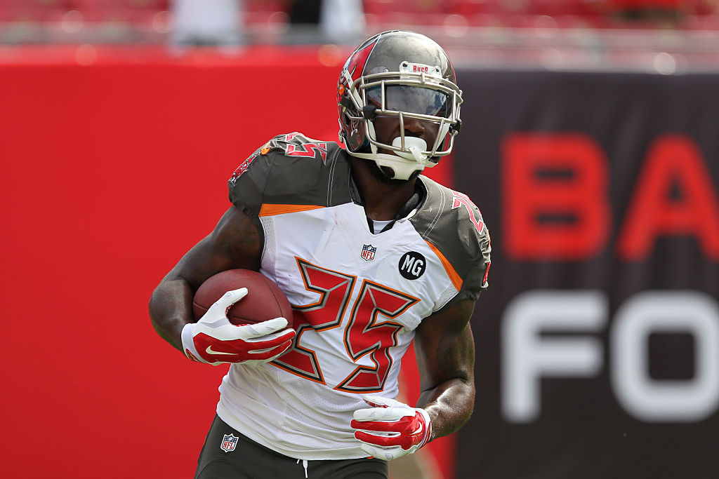 07 September 2014: Tampa Bay Buccaneers running back Mike James (25) during pre-game before the NFL regular season game between the Carolina Panthers and Tampa Bay Buccaneers at Raymond James Stadium in Tampa, Florida. (Photo by Mark LoMoglio/Icon Sportswire/Corbis via Getty Images)