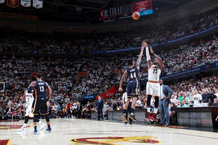 LeBron James #23 of the Cleveland Cavaliers shoots a three pointer against the Indiana Pacers in Round One of the Eastern Conference Playoffs during the 2017 NBA Playoffs on April 15, 2017 at Quicken Loans Arena in Cleveland, Ohio. (Photo by Jeff Haynes/NBAE via Getty Images)