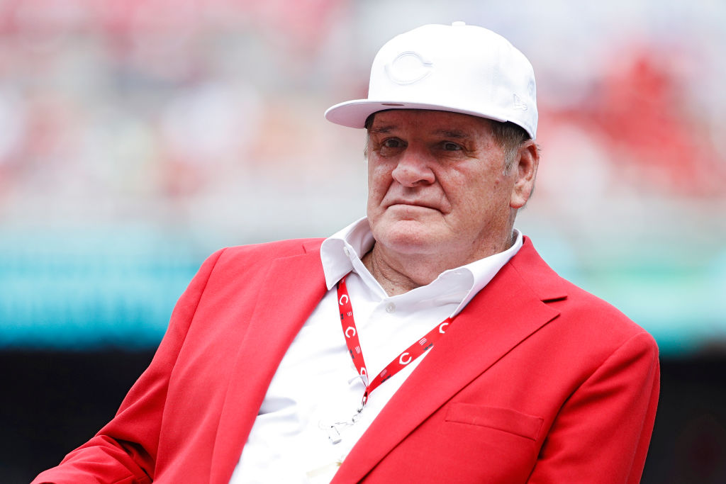 Former Cincinnati Reds great Pete Rose looks on following a dedication ceremony for his bronze statue outside Great American Ball Park prior to a game against the Los Angeles Dodgers on June 17, 2017 in Cincinnati, Ohio. (Photo by Joe Robbins/Getty Images)