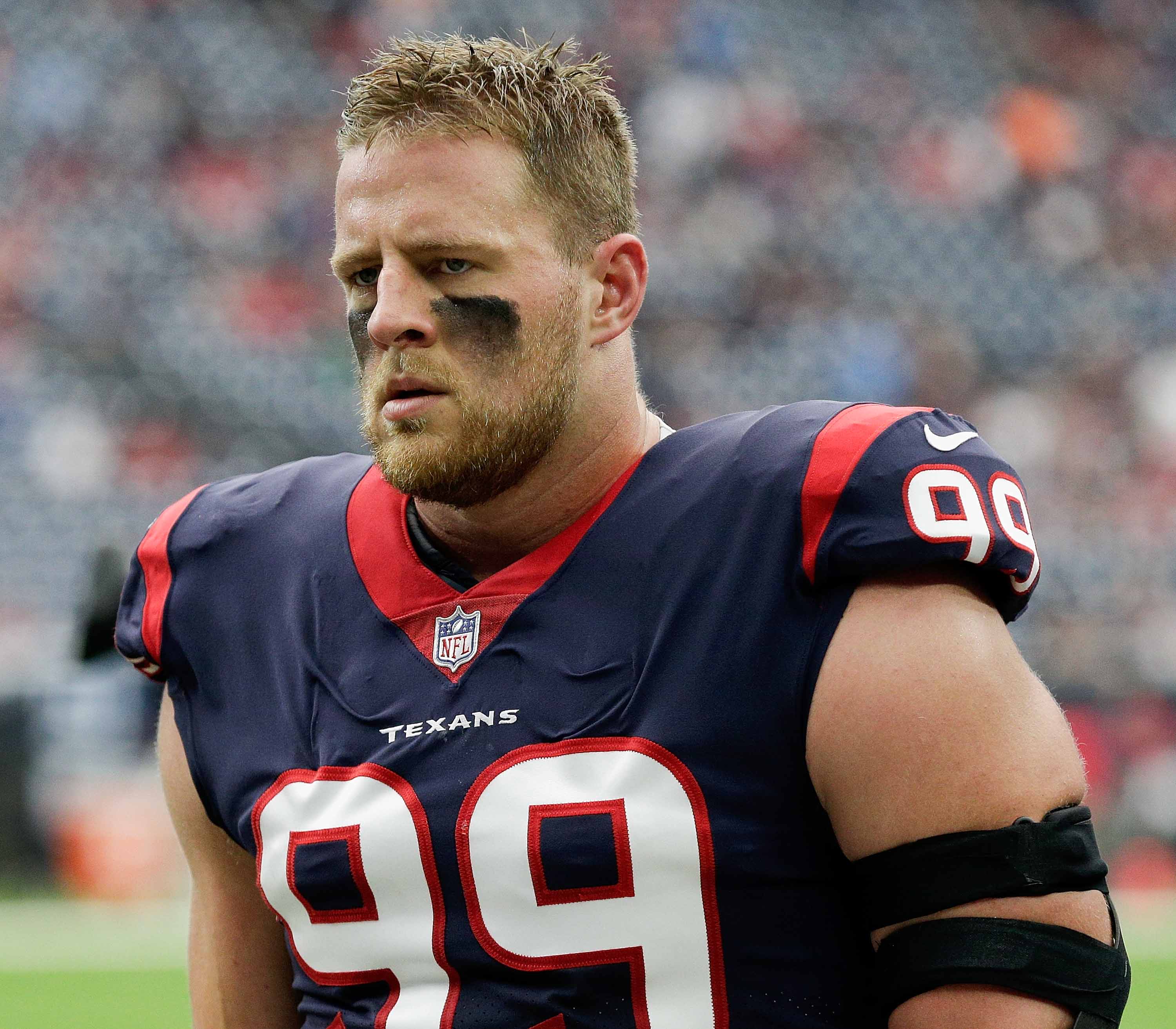 J.J. Watt #99 of the Houston Texans walks off the field after pre-game warm ups at NRG Stadium on October 1, 2017 in Houston, Texas. Houston won 57-14. (Photo by Bob Levey/Getty Images)