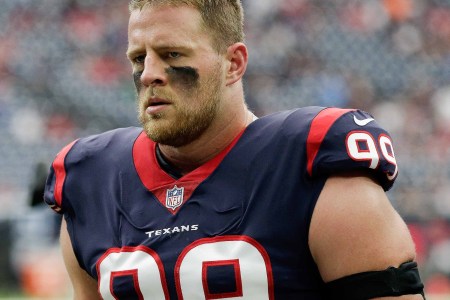 J.J. Watt #99 of the Houston Texans walks off the field after pre-game warm ups at NRG Stadium on October 1, 2017 in Houston, Texas. Houston won 57-14.  (Photo by Bob Levey/Getty Images)