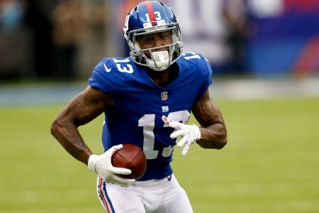 Odell Beckham #13 of the New York Giants runs in for a touchdown  during their game against Los Angeles Chargers at MetLife Stadium on October 8, 2017 in East Rutherford, New Jersey. (Photo by Jeff Zelevansky/Getty Images)