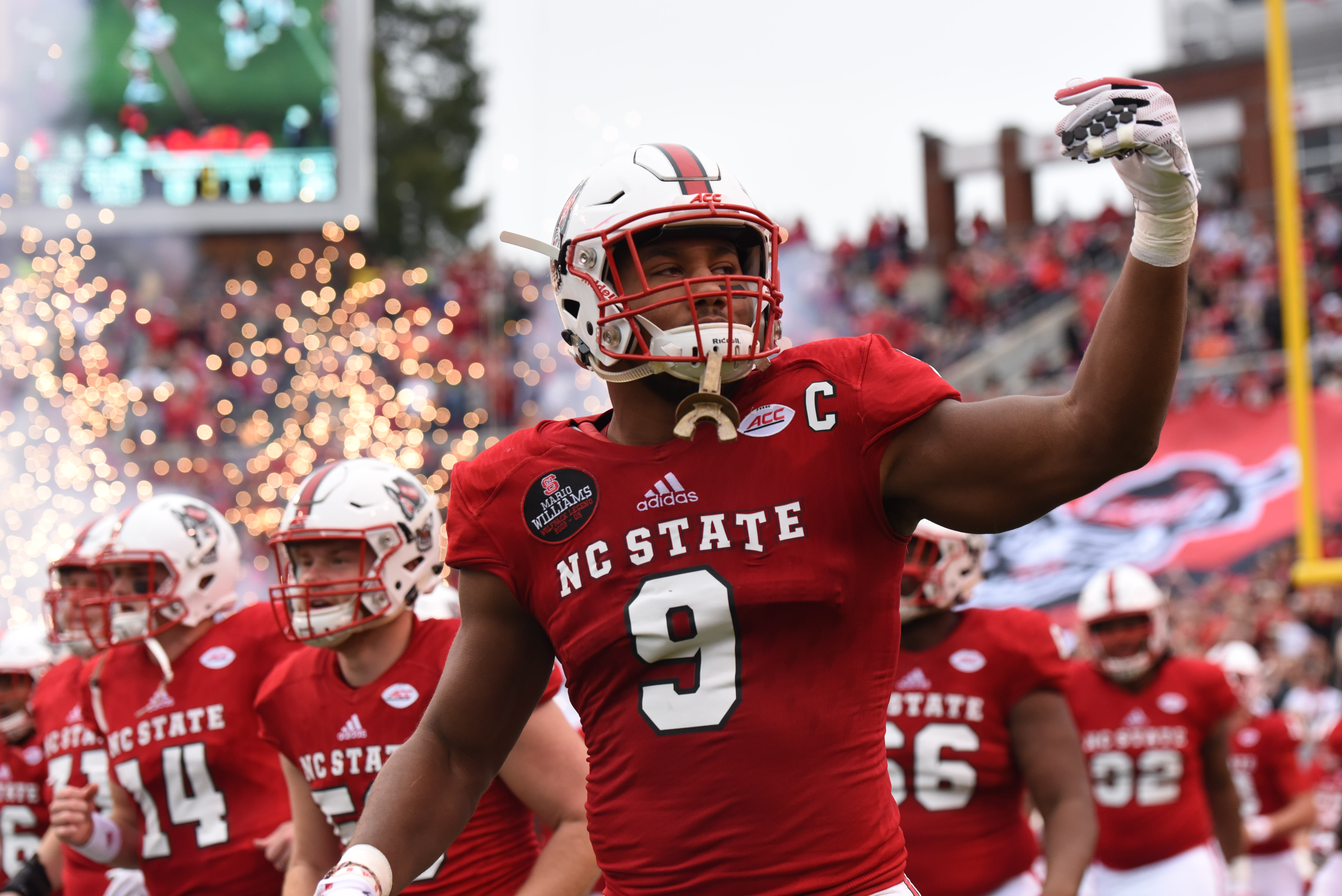North Carolina State Wolfpack defensive end Bradley Chubb (9) enters the field before the game between the Clemson Tigers and the NC State Wolfpack on November 04, 2017 at Carter-Finley Stadium in Raleigh, NC. (Photo by William Howard/Icon Sportswire via Getty Images)