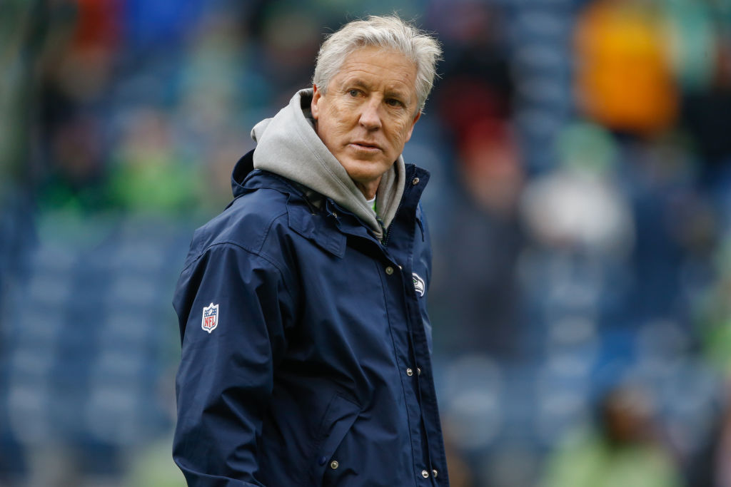 Head coach Pete Carroll of the Seattle Seahawks looks on prior to the game against the Los Angeles Rams at CenturyLink Field on December 17, 2017 in Seattle, Washington.  (Photo by Otto Greule Jr/Getty Images)