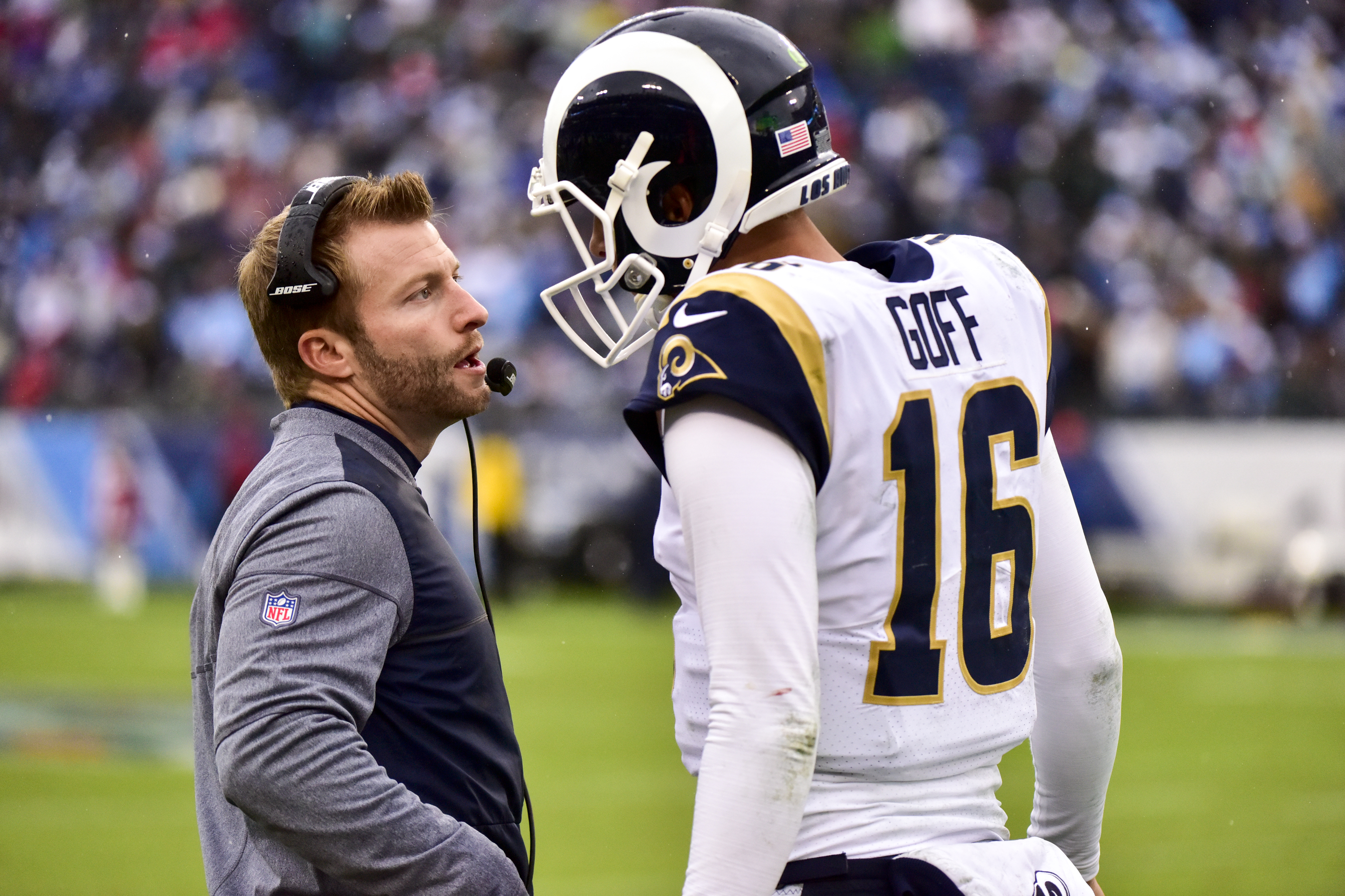 Head Coach Sean McVay talks to Quarterback Jared Goff #16 of the Los Angeles Rams in a game against the Tennessee Titians at Nissan Stadium on December 24, 2017 in Nashville, Tennessee. (Photo by Frederick Breedon/Getty Images)