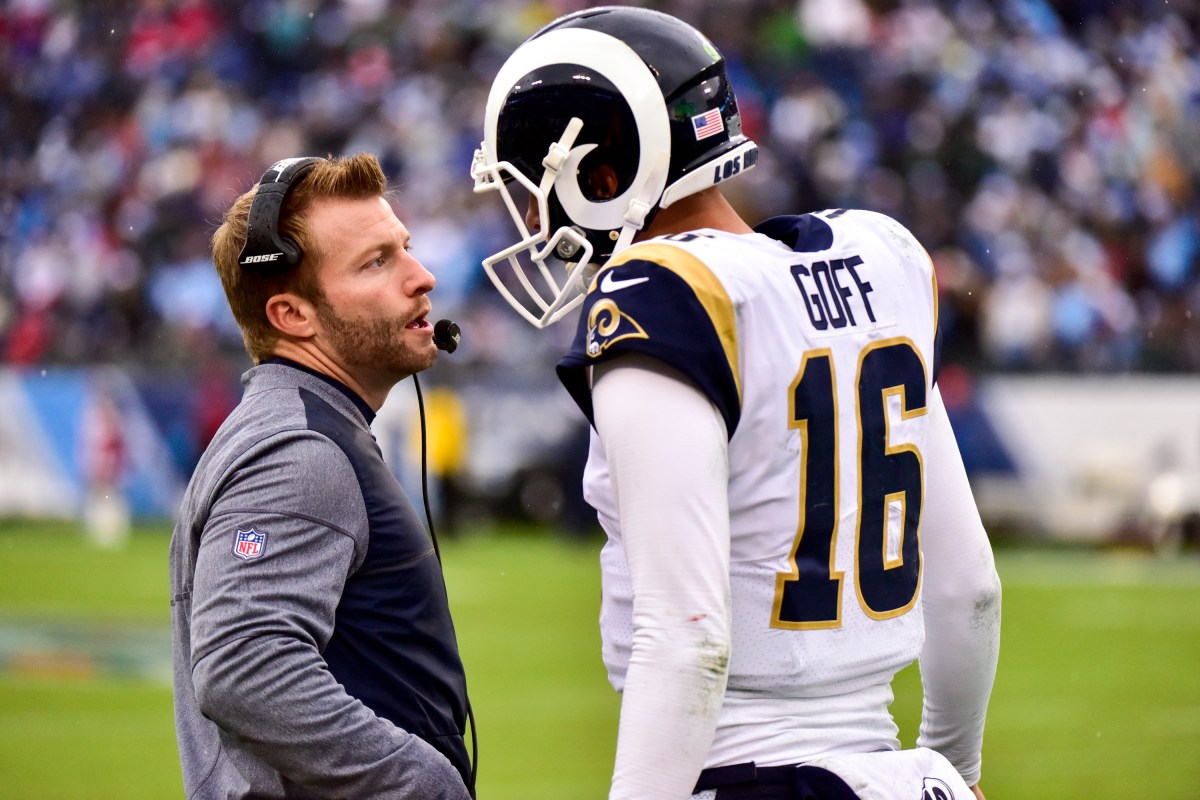 Head Coach Sean McVay talks to Quarterback Jared Goff  #16 of the Los Angeles Rams in a game against the Tennessee Titians at Nissan Stadium on December 24, 2017 in Nashville, Tennessee. (Photo by Frederick Breedon/Getty Images)