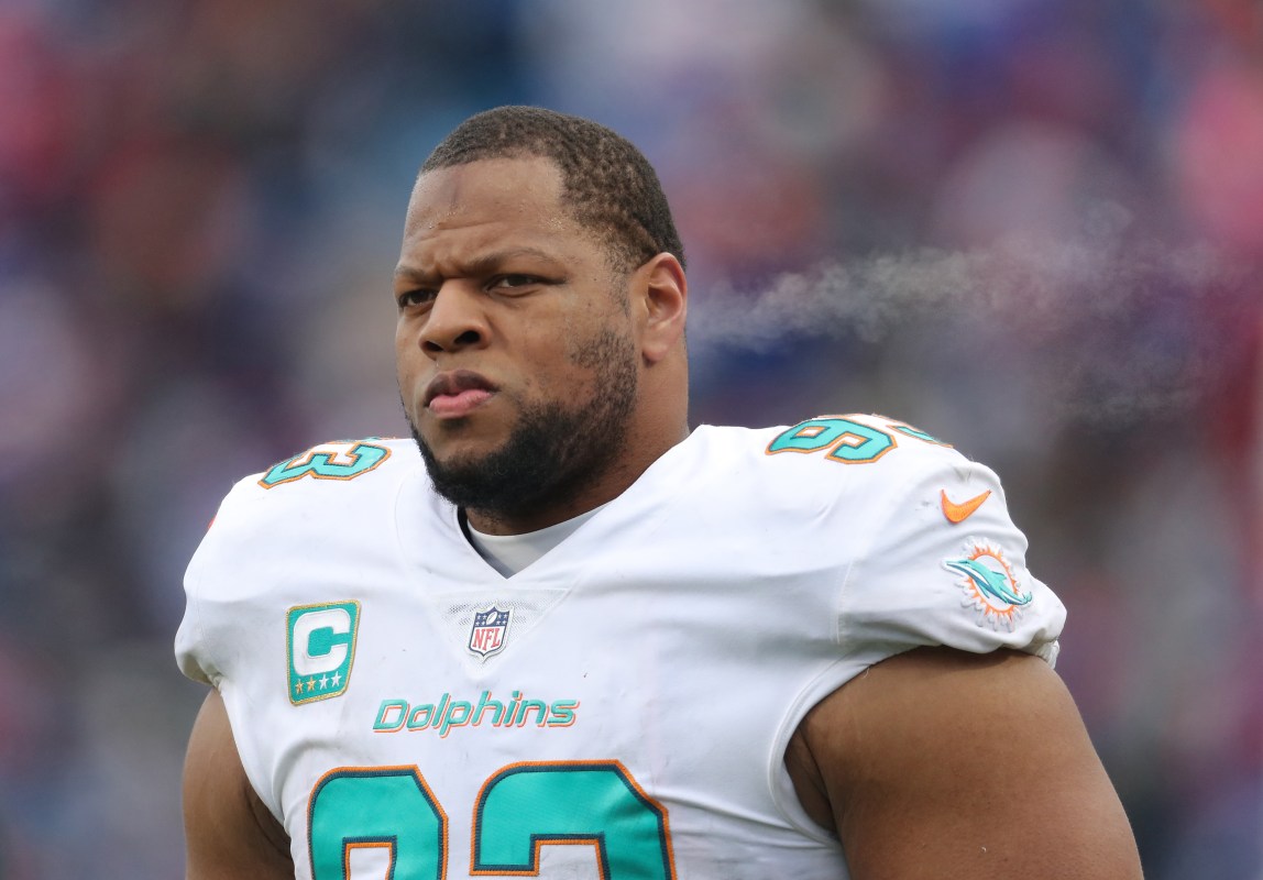 Ndamukong Suh #93 of the Miami Dolphins during NFL game action against the Buffalo Bills at New Era Field on December 17, 2017 in Buffalo, New York. (Photo by Tom Szczerbowski/Getty Images)