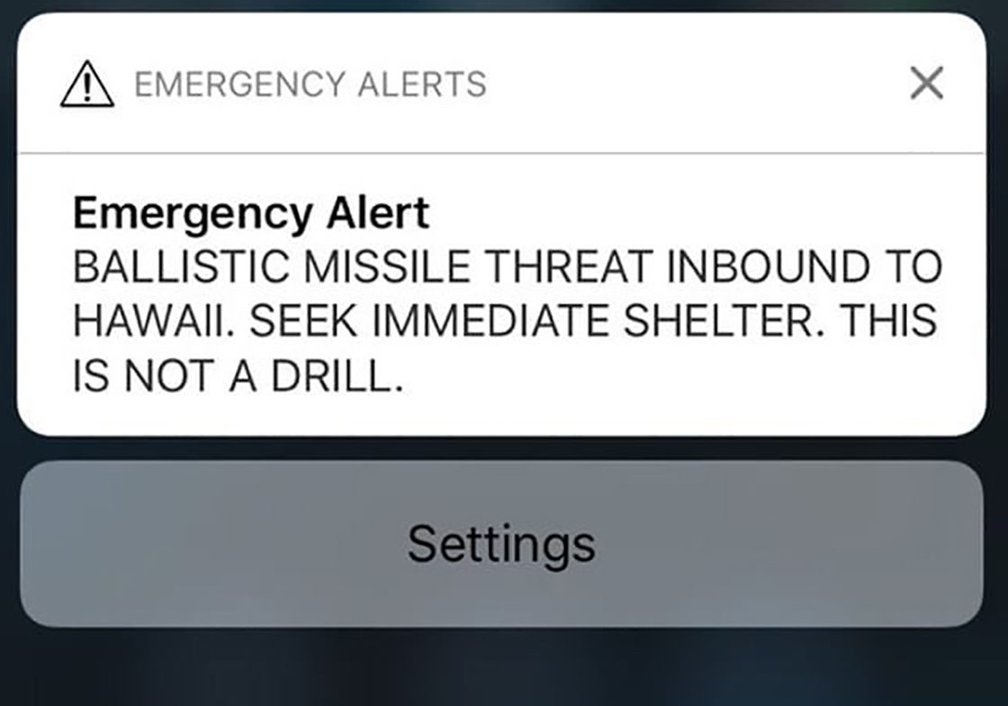 A screen shot take by Hawaiian citizen Alison Teal shows the screen of her mobile phone with an alert text message sent to all Hawaiian citizens on January 13, 2018.
(ALISON TEAL/AFP/Getty Images)
