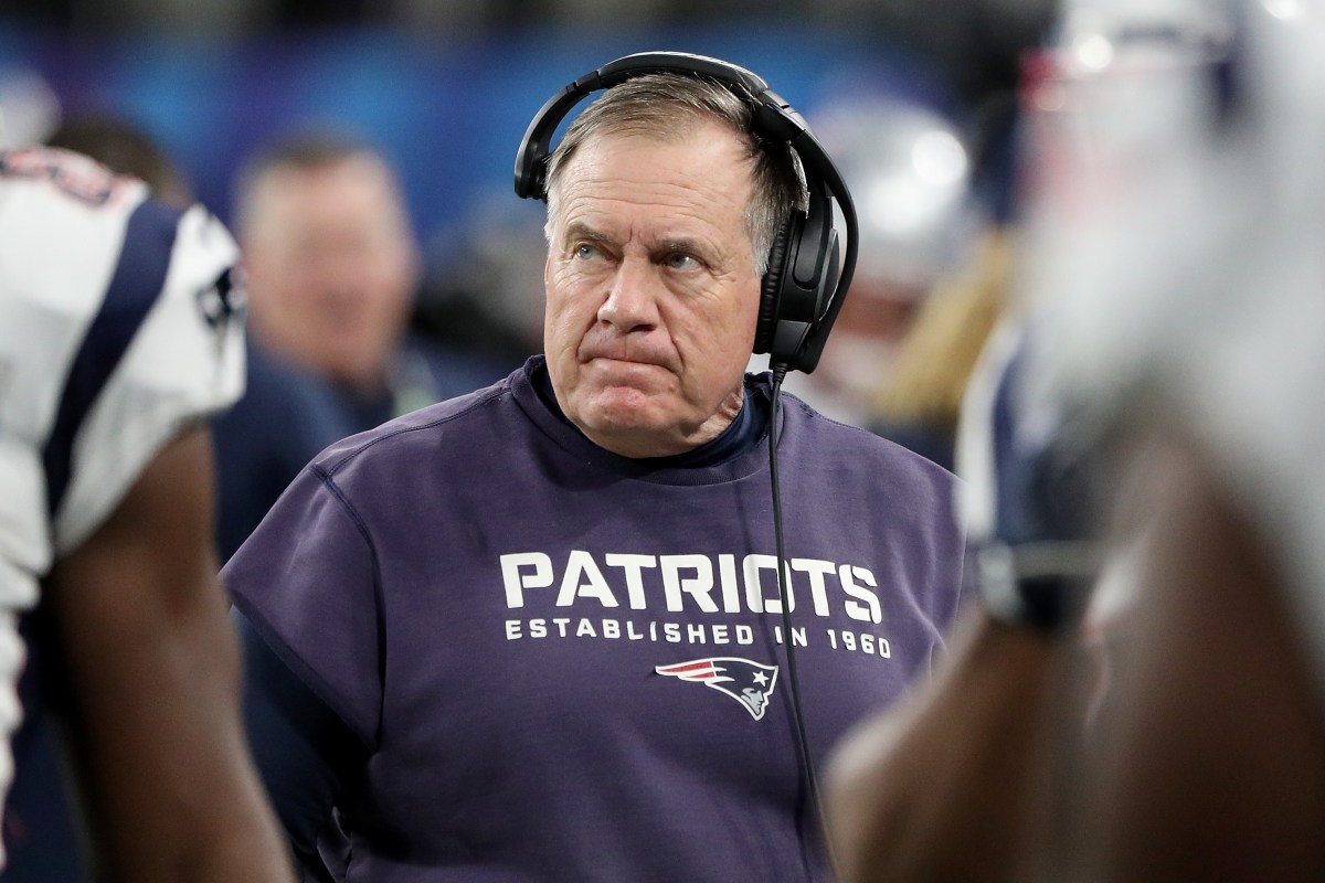 Head coach Bill Belichick of the New England Patriots looks on against the Philadelphia Eagles during the first quarter in Super Bowl LII at U.S. Bank Stadium on February 4, 2018 in Minneapolis, Minnesota.  (Photo by Patrick Smith/Getty Images)