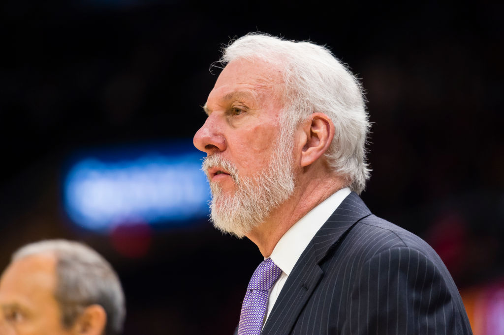Gregg Popovich of the San Antonio Spurs watches his players during the first half against the Cleveland Cavaliers at Quicken Loans Arena on February 25, 2018 in Cleveland, Ohio. (Photo by Jason Miller/Getty Images) *** Local Caption *** Gregg Popovich