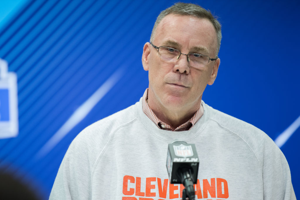 Cleveland Browns general manager John Dorsey answers questions from the media during the NFL Scouting Combine on March 1, 2018 at the Indiana Convention Center in Indianapolis, IN. (Photo by Zach Bolinger/Icon Sportswire via Getty Images)