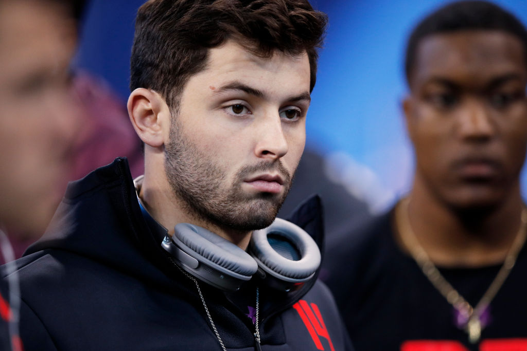 Oklahoma quarterback Baker Mayfield looks on during the NFL Combine at Lucas Oil Stadium on March 3, 2018 in Indianapolis, Indiana. (Photo by Joe Robbins/Getty Images)