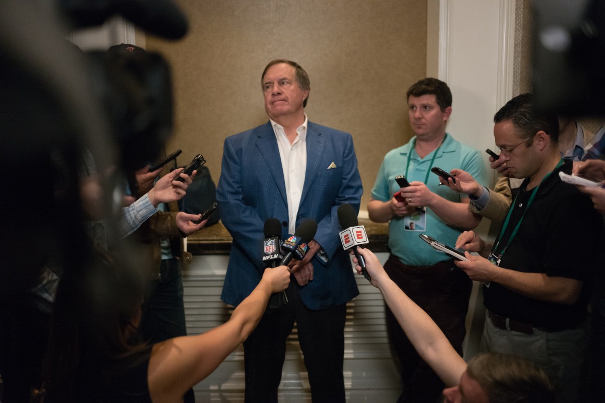 New England Patriots head coach Bill Belichick answers questions during the AFC & NFC coaches breakfast at the 2018 NFL Annual Meetings at the Ritz Carlton Orlando, Great Lakes on March 27, 2018 in Orlando, Florida. (B51/Mark Brown/Getty Images)