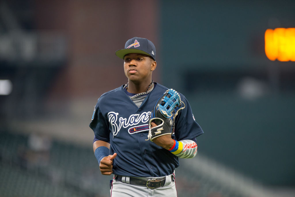 Atlanta Braves CF Ronald Jr. Acuna (82) during the MLB Spring Training baseball game between the New York Yankees and the Atlanta Braves on March 27, 2018, at SunTrust Field in Atlanta, GA. (Photo by John Adams/Icon Sportswire via Getty Images)