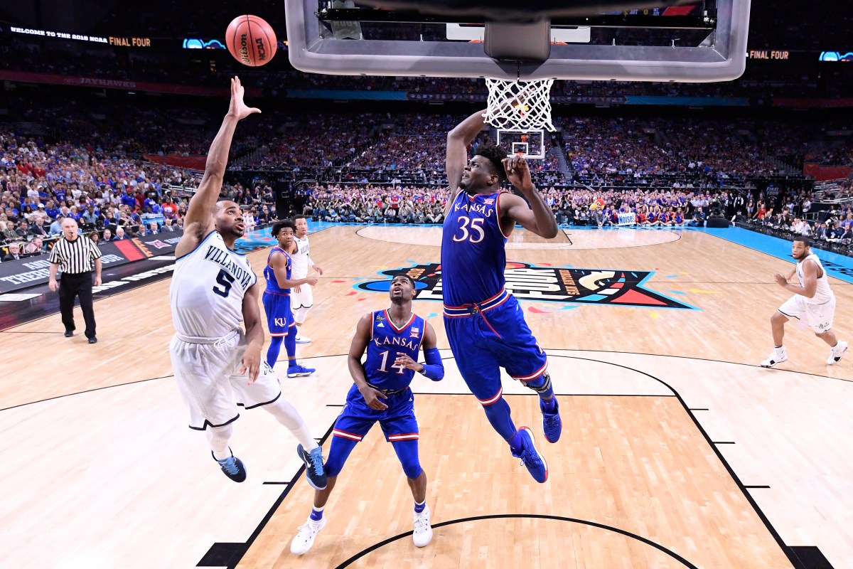 Phil Booth #5 of the Villanova Wildcats shoots the ball during the second half as Udoka Azubuike #35 of the Kansas Jayhawks defends  in the 2018 NCAA Men's Final Four semifinal game at the Alamodome on March 31, 2018 in San Antonio, Texas.  (Photo by Jamie Schwaberow/NCAA Photos via Getty Images)