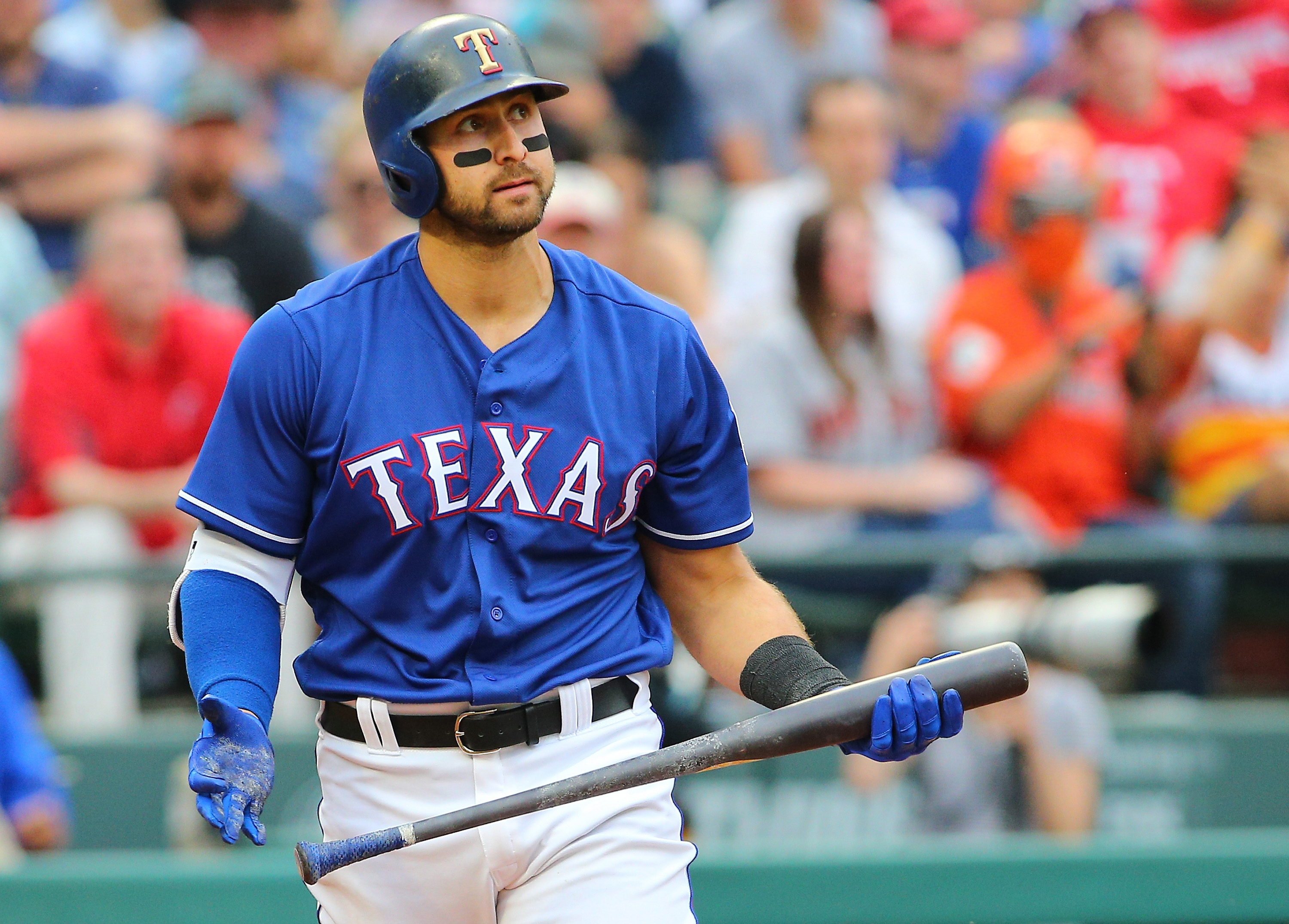 Joey Gallo #13 of the Texas Rangers reacts after striking out in the sixth inning against the Houston Astros at Globe Life Park in Arlington on April 1, 2018 in Arlington, Texas. (Photo by Rick Yeatts/Getty Images) *** Local Caption *** Joey Gallo