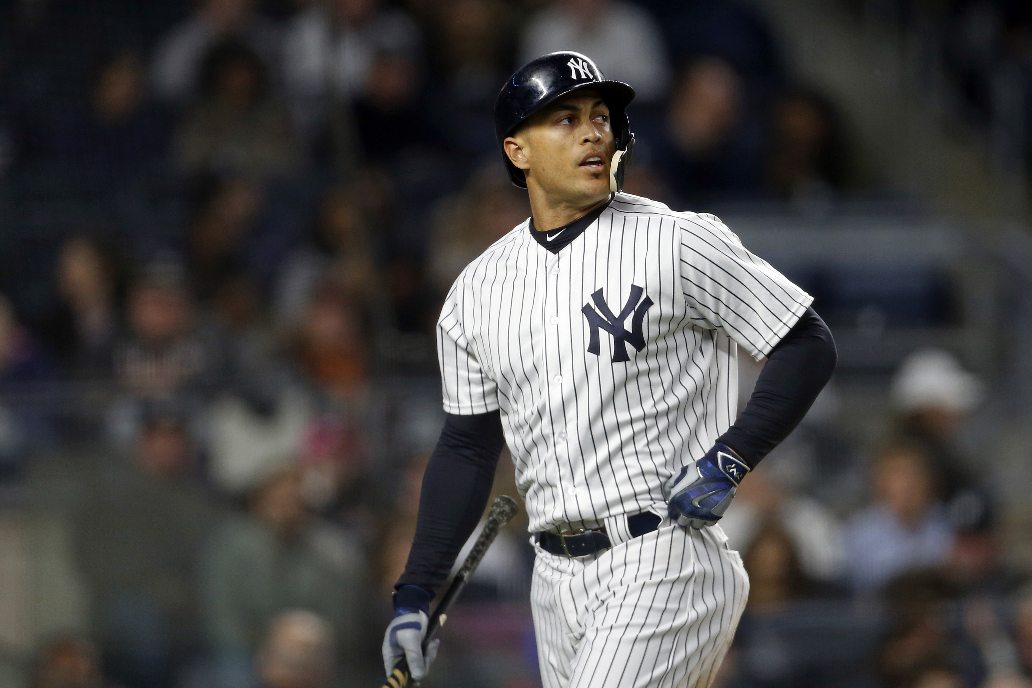 Giancarlo Stanton #27 of the New York Yankees at bat against the Baltimore Orioles during the third inning at Yankee Stadium on April 6, 2018 in the Bronx borough of New York City. (Photo by Adam Hunger/Getty Images)