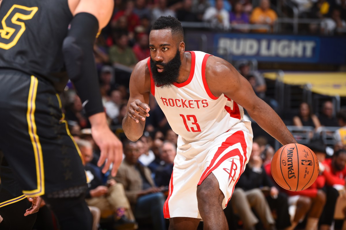 James Harden #13 of the Houston Rockets handles the ball against the Los Angeles Lakers on April 10, 2017 at STAPLES Center in Los Angeles. (Andrew D. Bernstein/NBAE via Getty Images)