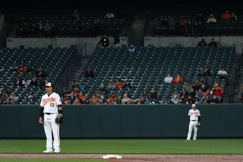 A general view of attendance as Manny Machado #13 of the Baltimore Orioles waits for a play against the Toronto Blue Jays during the third inning at Oriole Park at Camden Yards on April 11, 2018 in Baltimore, Maryland. (Photo by Patrick Smith/Getty Images)
