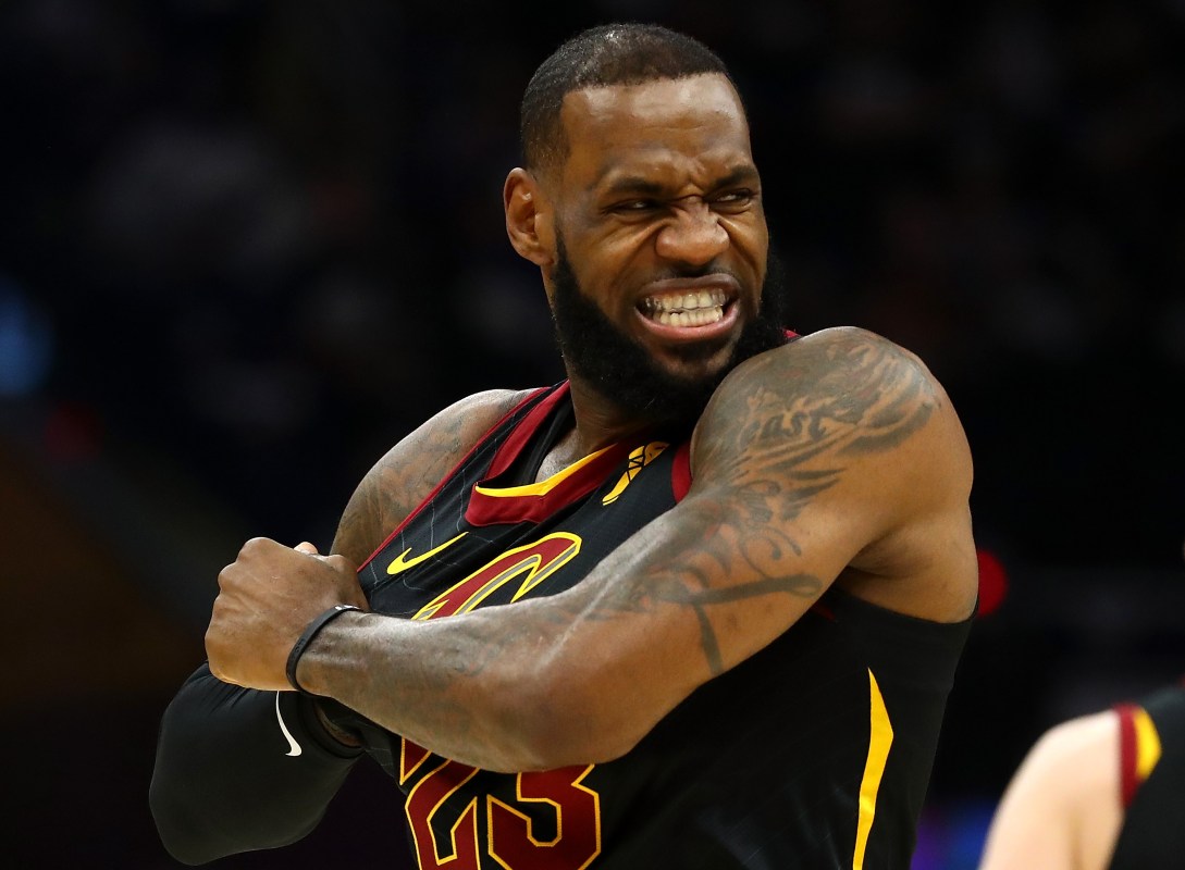 LeBron James #23 of the Cleveland Cavaliers stretches his jersey just prior to playing the Indiana Pacers in Game One of the Eastern Conference Quarterfinals during the 2018 NBA Playoffs at Quicken Loans Arena on April 15, 2018 in Cleveland, Ohio. Indiana won the game 98-80 to take a 1-0 series lead. (Photo by Gregory Shamus/Getty Images)