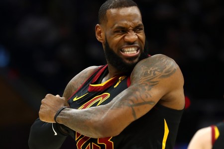 LeBron James #23 of the Cleveland Cavaliers stretches his jersey just prior to playing the Indiana Pacers in Game One of the Eastern Conference Quarterfinals during the 2018 NBA Playoffs at Quicken Loans Arena on April 15, 2018 in Cleveland, Ohio. Indiana won the game 98-80 to take a 1-0 series lead. (Photo by Gregory Shamus/Getty Images)