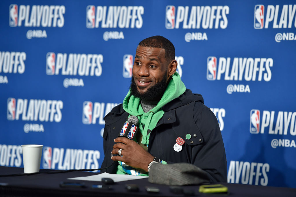 LeBron James #23 of the Cleveland Cavaliers speaks to media after game against the Indiana Pacers in Game One of Round One during the 2018 NBA Playoffs on April 15, 2018 at Quicken Loans Arena in Cleveland, Ohio. (Photo by David Liam Kyle/NBAE via Getty Images)