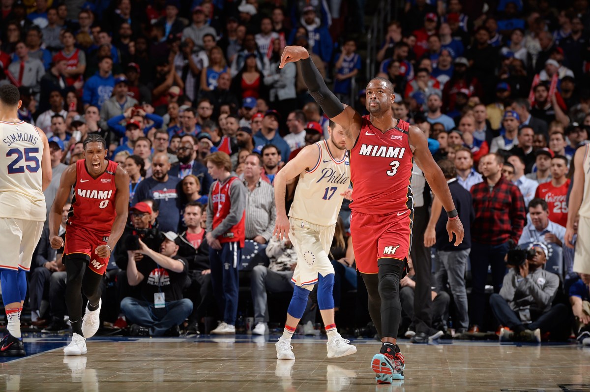 Dwyane Wade #3 of the Miami Heat reacts during the game against the Philadelphia 76ers in Game Two of Round One of the 2018 NBA Playoffs on April 16, 2018 at the Wells Fargo Center in Philadelphia, Pennsylvania. (Photo by David Dow/NBAE via Getty Images)