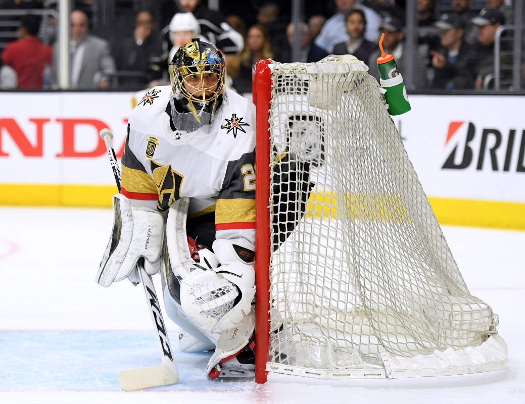 Marc-Andre Fleury #29 of the Vegas Golden Knights follows play around the net during the second period against the Los Angeles Kings in Game Four of the Western Conference First Round during the 2018 NHL Stanley Cup Playoffs at Staples Center on April 17, 2018 in Los Angeles, California.  (Harry How/Getty Images)