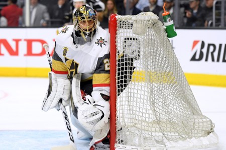 Marc-Andre Fleury #29 of the Vegas Golden Knights follows play around the net during the second period against the Los Angeles Kings in Game Four of the Western Conference First Round during the 2018 NHL Stanley Cup Playoffs at Staples Center on April 17, 2018 in Los Angeles, California.  (Harry How/Getty Images)