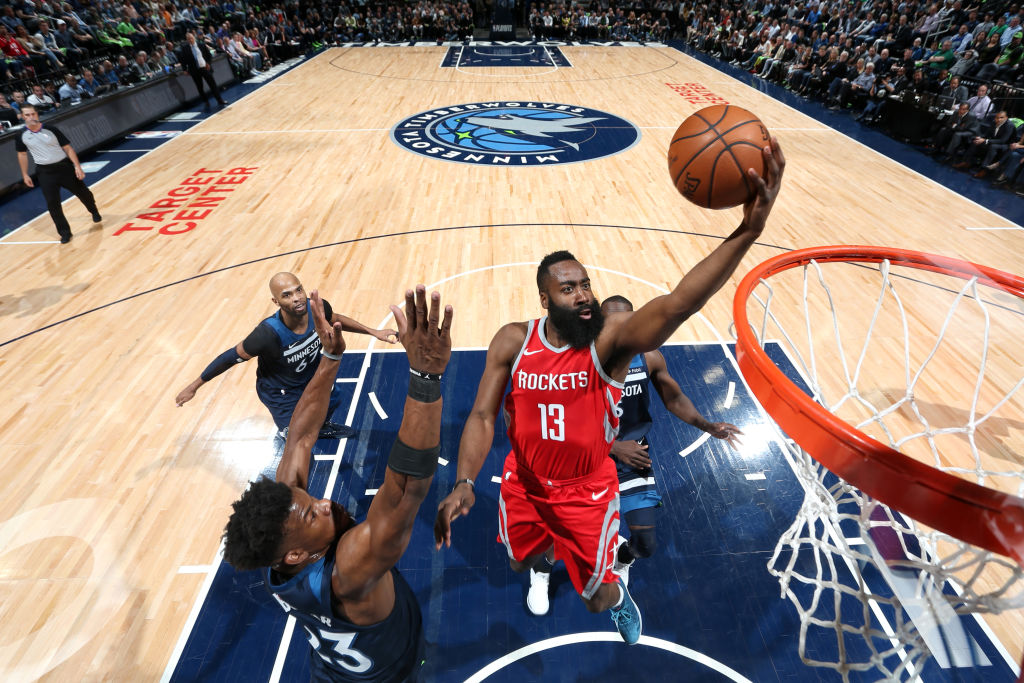 James Harden #13 of the Houston Rockets goes to the basket against the Minnesota Timberwolves in Game Four of Round One of the 2018 NBA Playoffs on April 23, 2018 at Target Center in Minneapolis, Minnesota. (Photo by David Sherman/NBAE via Getty Images)