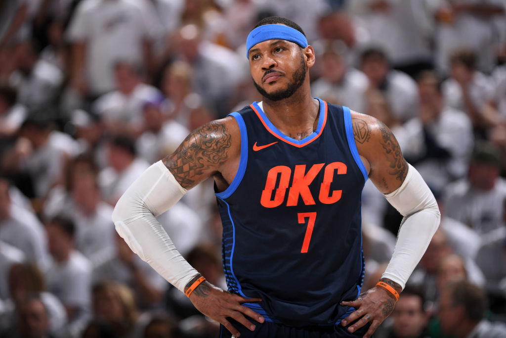 Carmelo Anthony #7 of the Oklahoma City Thunder looks on during the game against the Utah Jazz in Game Four of Round One of the 2018 NBA Playoffs on April 23, 2018 at vivint.SmartHome Arena in Salt Lake City, Utah. (Photo by Garrett Ellwood/NBAE via Getty Images)