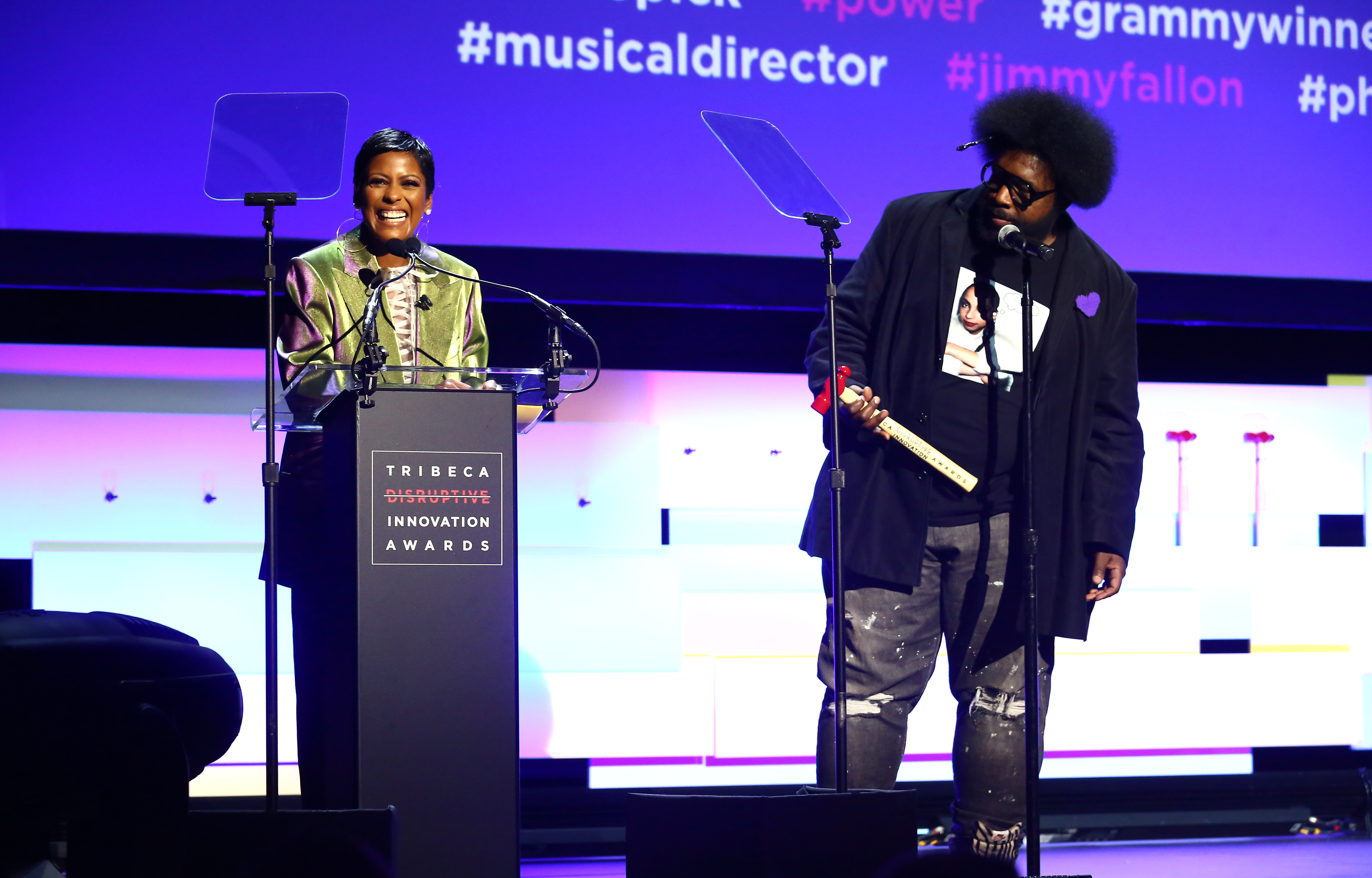 Tamron Hall and Questlove speak on stage during Tribeca Disruptive Innovation Awards - 2018 Tribeca Film Festival at Spring Studios on April 24, 2018 in New York City. (Photo by Astrid Stawiarz/Getty Images for Tribeca Film Festival.)