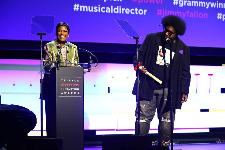 Tamron Hall and Questlove speak on stage during Tribeca Disruptive Innovation Awards - 2018 Tribeca Film Festival at Spring Studios on April 24, 2018 in New York City.  (Photo by Astrid Stawiarz/Getty Images for Tribeca Film Festival.)