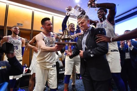 The Philadelphia 76ers celebrate the series win after the game against the Miami Heat in Game Five of Round One of the 2018 NBA Playoffs on April 24, 2018 at Wells Fargo Center in Philadelphia, Pennsylvania. (Photo by Jesse D. Garrabrant/NBAE via Getty Images)