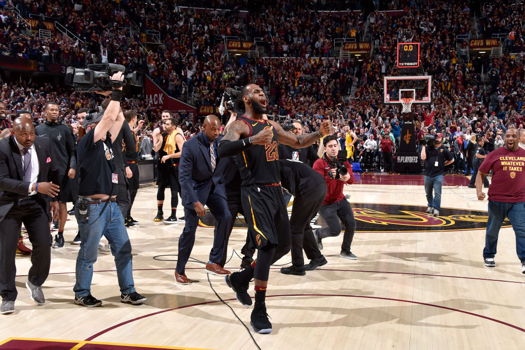 LeBron James #23 of the Cleveland Cavaliers celebrates a win after the game against the Indiana Pacers in Game Five of Round One of the 2018 NBA Playoffs between the Indiana Pacers and Cleveland Cavaliers on April 25, 2018 at Quicken Loans Arena in Cleveland, Ohio. (Photo by David Liam Kyle/NBAE via Getty Images)
