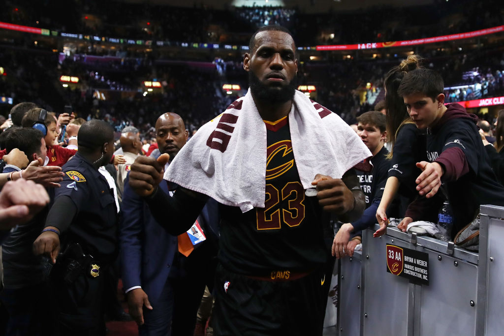 LeBron James #23 of the Cleveland Cavaliers leaves the court after a 105-101 win in Game Seven of the Eastern Conference Quarterfinals against the Indiana Pacers during the 2018 NBA Playoffs at Quicken Loans Arena. (Photo by Gregory Shamus/Getty Images)