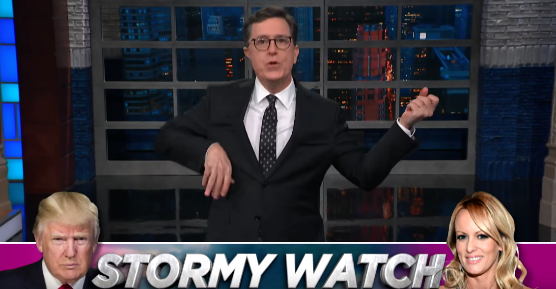 Stephen Colbert celebrates the FBI raid of Michael Cohen on the "Late Show." (CBS)