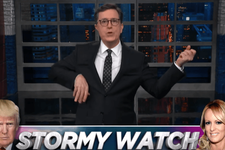 Stephen Colbert celebrates the FBI raid of Michael Cohen on the "Late Show." (CBS)