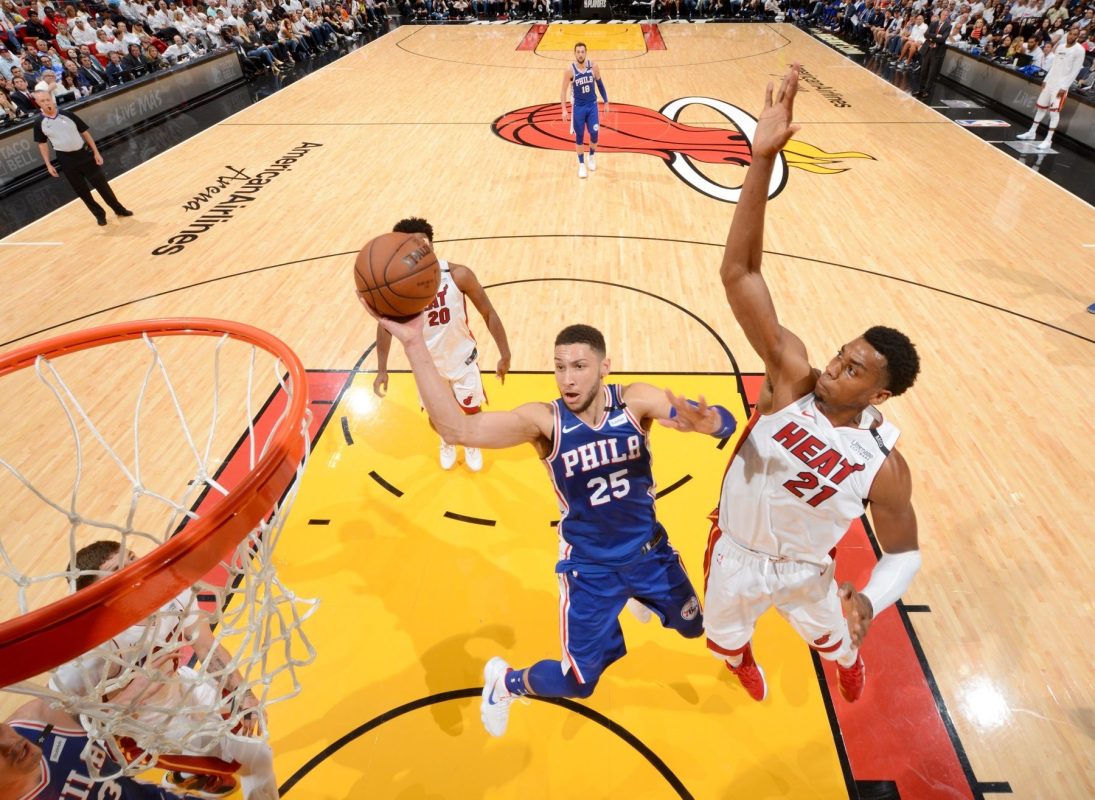 Ben Simmons #25 of the Philadelphia 76ers goes to the basket against the Miami Heat in Game Four of Round One of the 2018 NBA Playoffs on April 21, 2018 at American Airlines Arena in Miami, Florida. (Photo by Jesse D. Garrabrant/NBAE via Getty Images)
