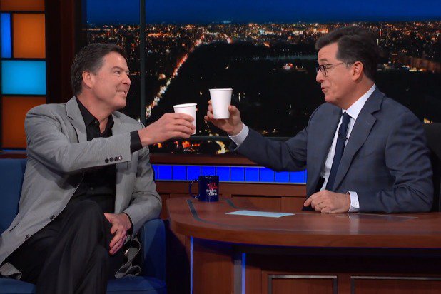 James Comey and Stephen Colbert drink pinot noir out of paper cups on the 'Late Show' (CBS/YouTube)