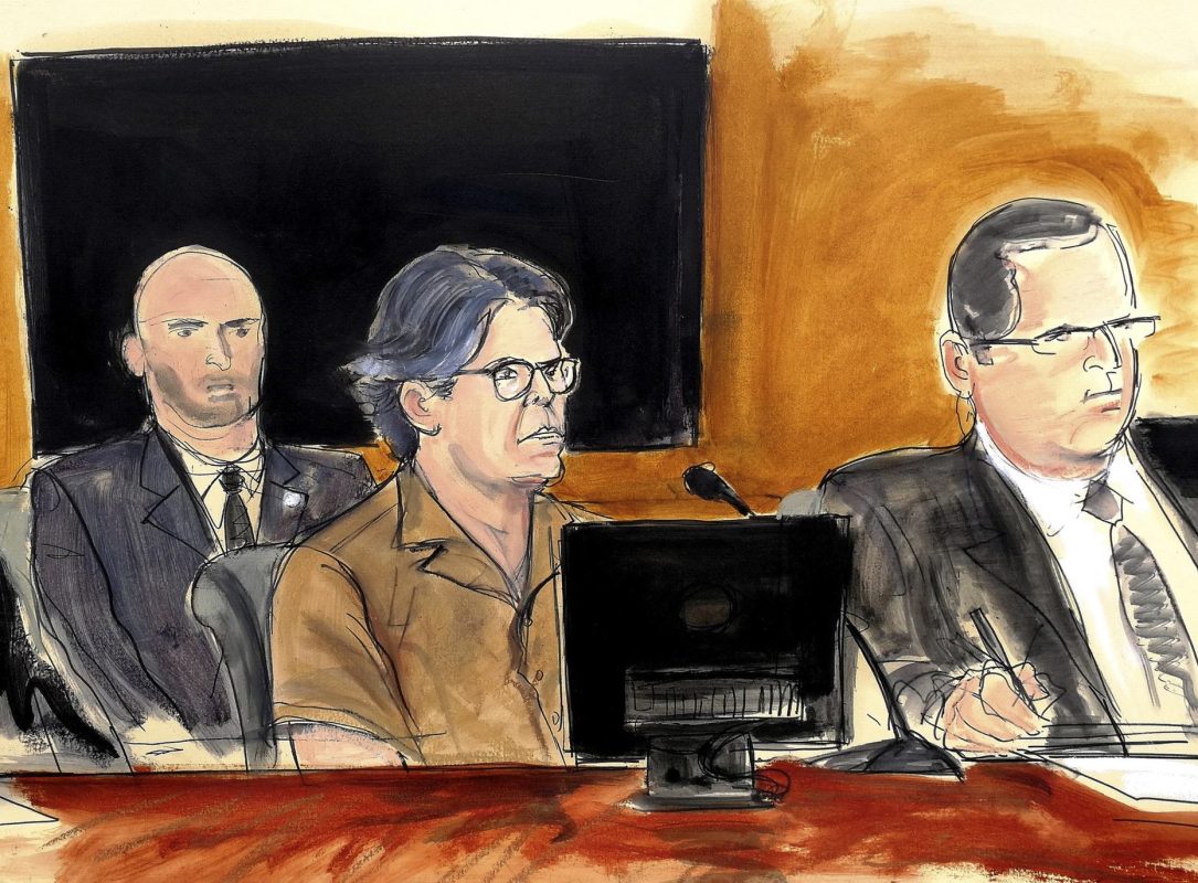 n this courtroom sketch Keith Raniere, second from right, leader of the secretive group NXIVM, attends a court hearing Friday, April 13, 2018, in the Brooklyn borough of New York. (Elizabeth Williams via AP)