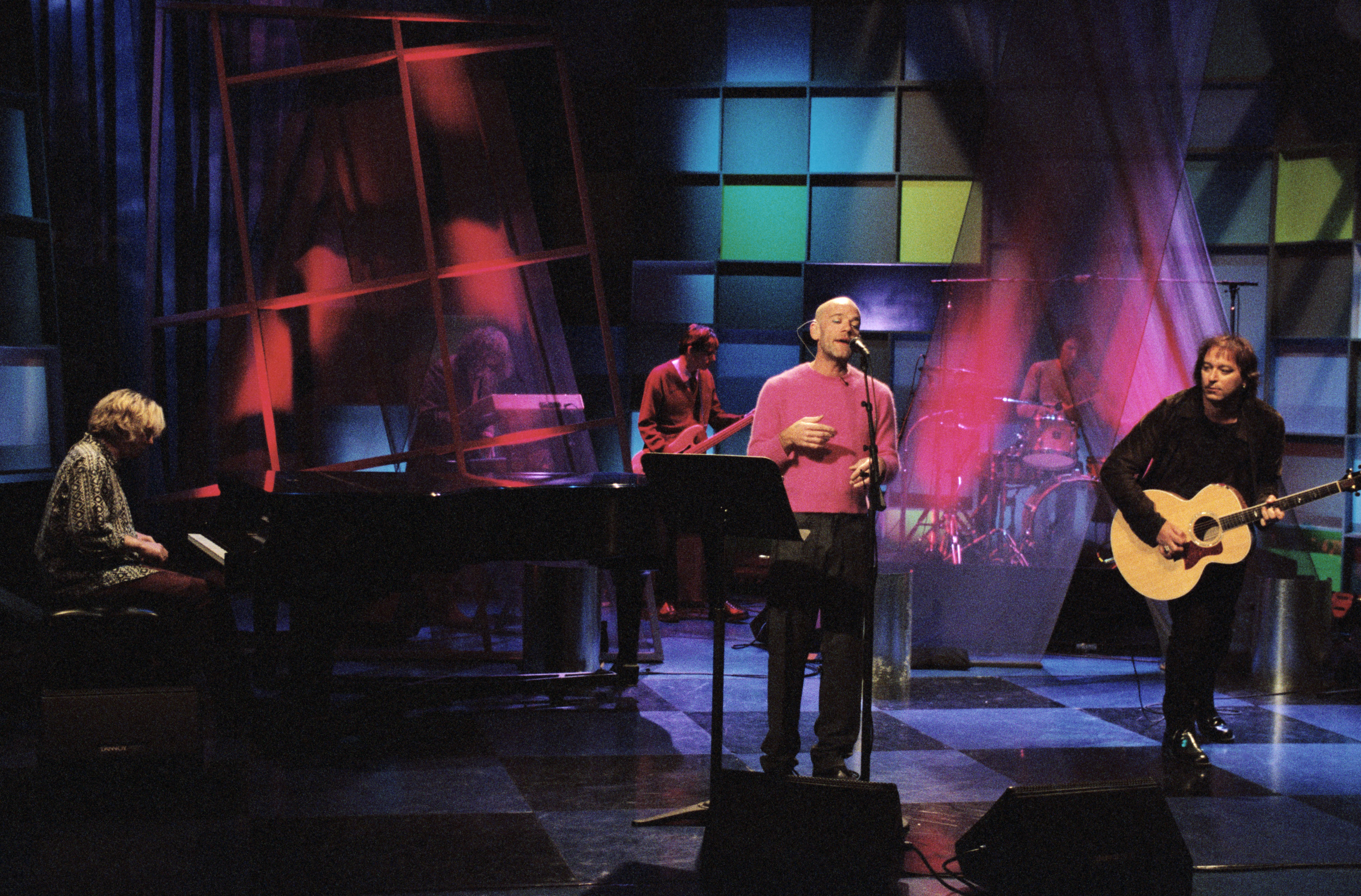 THE TONIGHT SHOW WITH JAY LENO -- Episode 1507 -- Pictured: Musical guest R.E.M. on December 10, 1998 (Photo by Margaret Norton/NBC/NBCU Photo Bank via Getty Images)