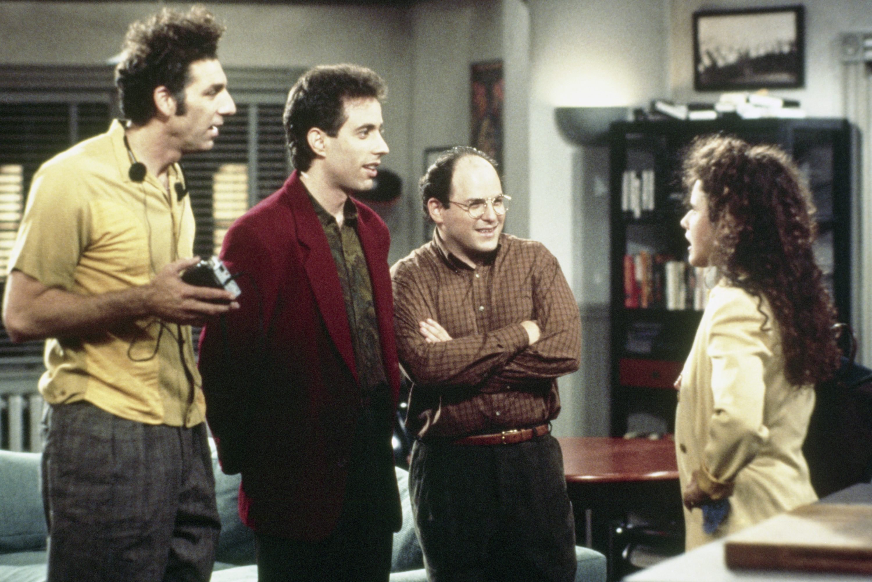 Pictured: (l-r) Michael Richards as Cosmo Kramer, Jerry Seinfeld as Jerry Seinfeld, Jason Alexander as George Costanza, Julia Louis-Dreyfus as Elaine Benes (Photo by NBC/NBCU Photo Bank via Getty Images)